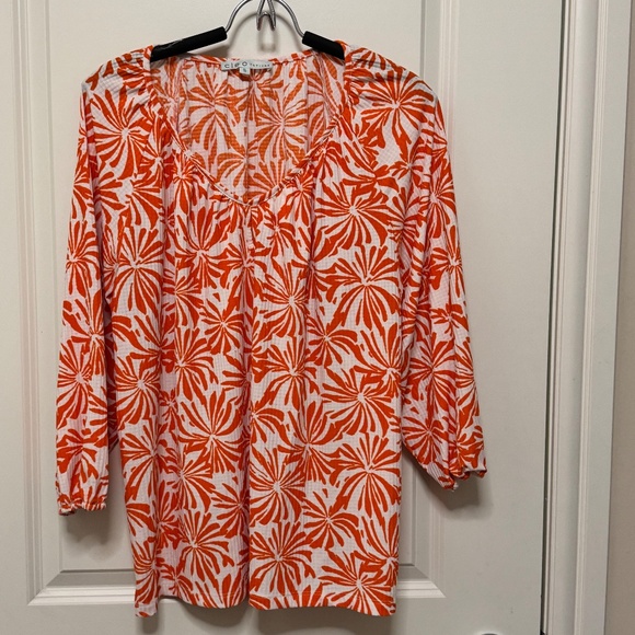 Cleo Petites V-Neck Blouse (XL Petite) Orange Starburst Floral - Picture 2 of 6